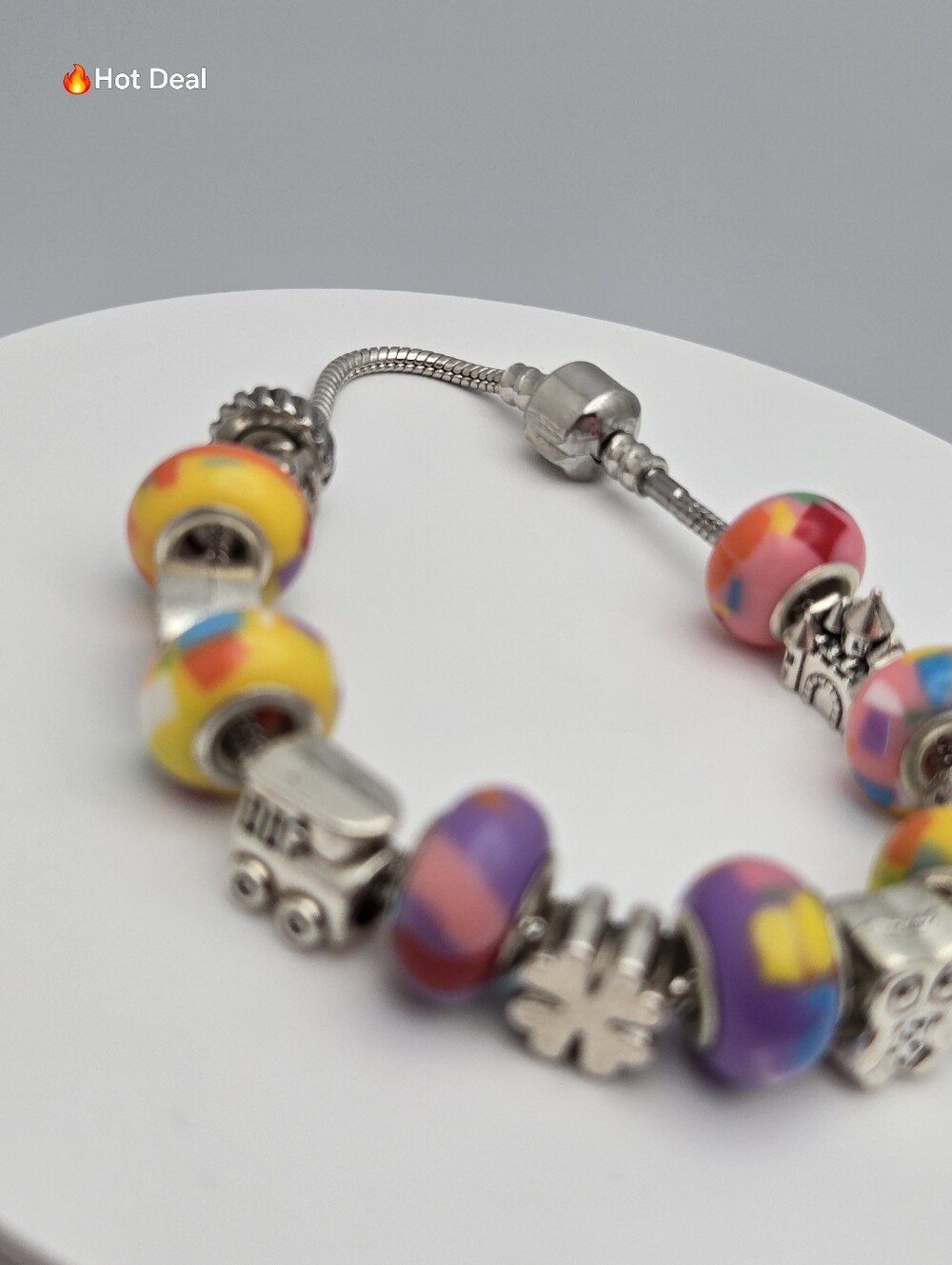 Colorful Charm Bracelet Girl Hope Owl Castle Clover Train 8.5" Pandora Style - Picture 3 of 6